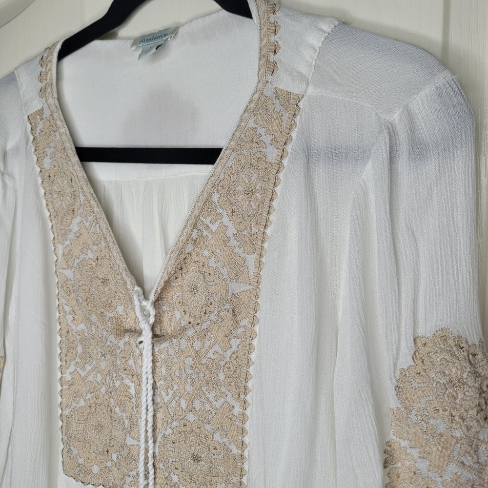 Sundance Palace Pathway Tunic Sz L White Gold Embroidered Lace-up Tasseled Boho - Picture 5 of 10